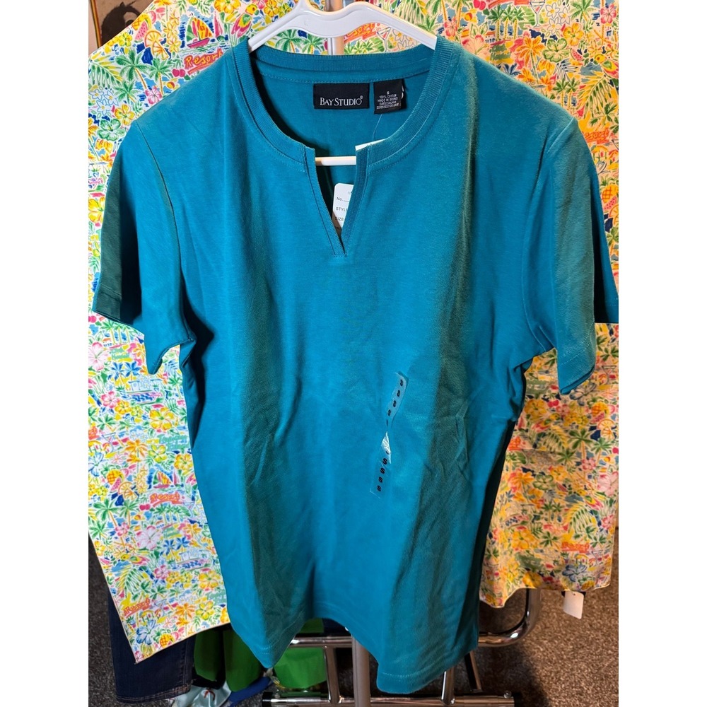 137 Bay Studio‎ Womens Teal Blue 100% Cotton Split V-Neck Short Sleeve Top S NWT
